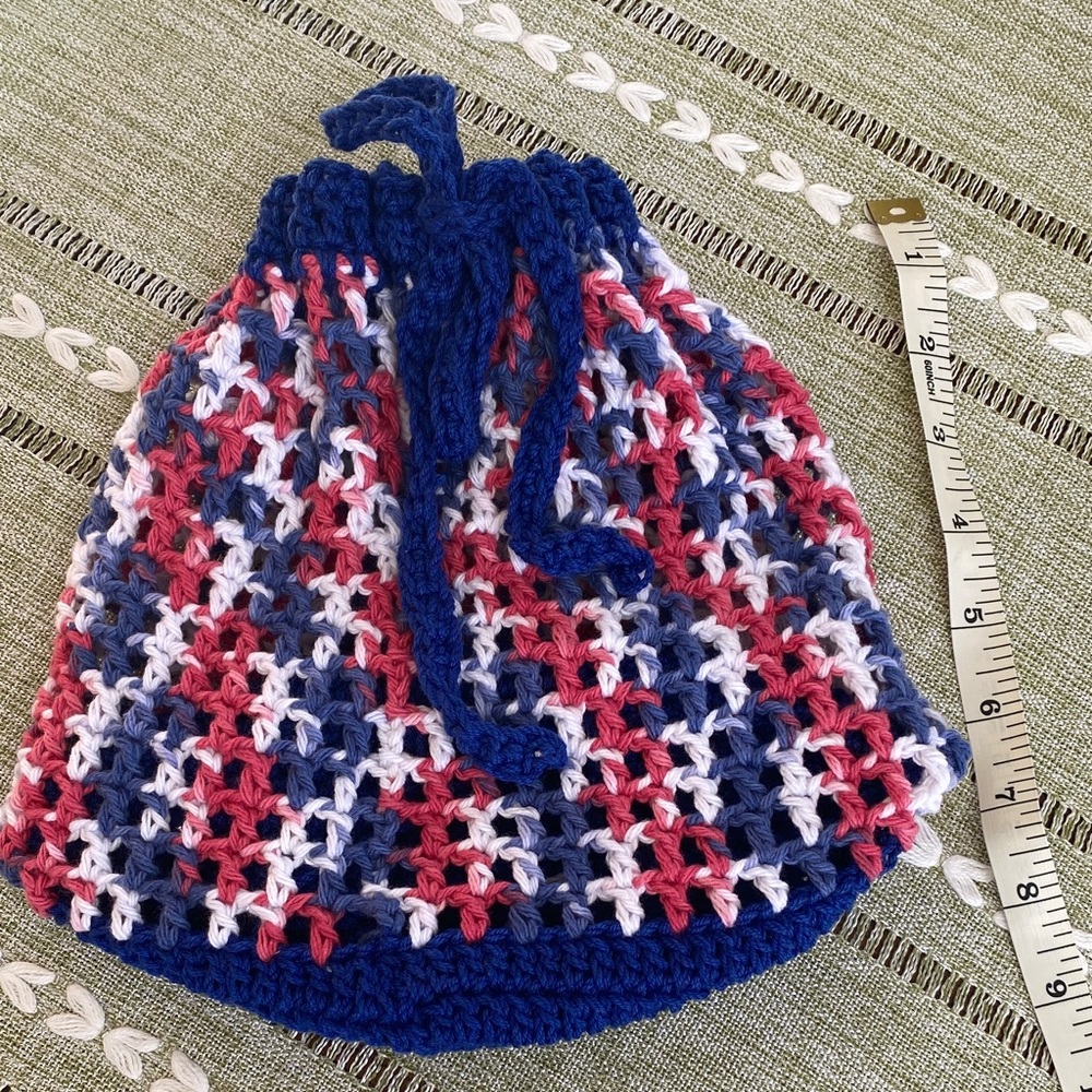 Crocheted Drawstring Beanie - Navy, Red & White